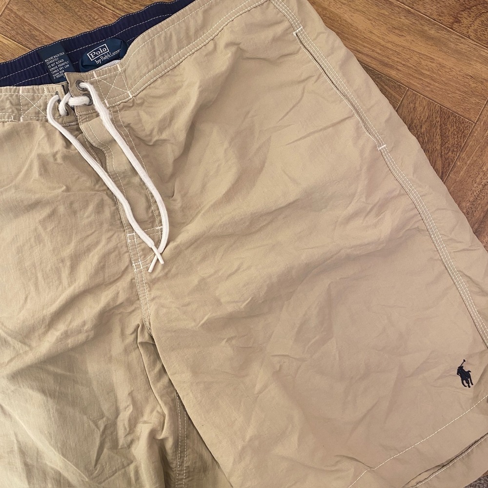 Polo Ralph Lauren Swim Trunks Mens Medium Tan Board Shorts Cargo Pocket Nylon